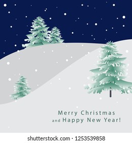 Christmas greeting card. Christmas night, winter landscape with snowy firs and falling snow. Vector illustration