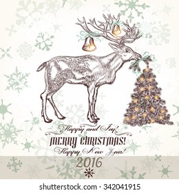 Christmas greeting card with north deer bells Christmas tree and snowflakes