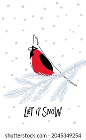 Christmas greeting card with Northern Cardinal bird on spruce branch and inscription Let it snow. Hand Drawn letterimg, Linear Red bird with crested. Vector New year, Christmas, winter symbol.
