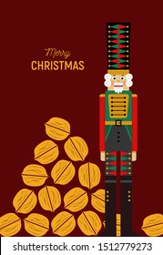 Christmas greeting card with nutcracker and nuts