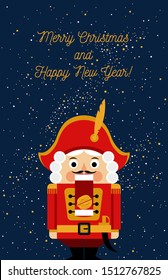 Christmas greeting card with nutcracker on the night sky background