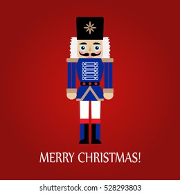 Christmas greeting card with a nutcracker on a red background