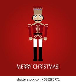 Christmas greeting card with a nutcracker on a red background