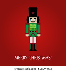 Christmas greeting card with a nutcracker on a red background