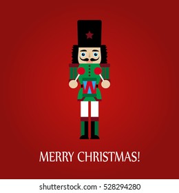 Christmas greeting card with a nutcracker on a red background