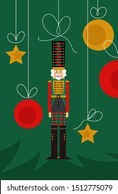 Christmas greeting card with nutcracker and ornaments