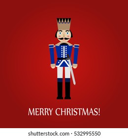 Christmas greeting card with a nutcracker with sword on a red background