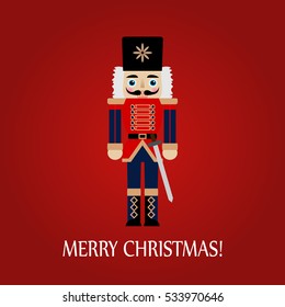 Christmas greeting card with a nutcracker with sword on a red background