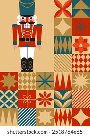 Christmas greeting card with nutcracker toy and geometric elements. Flat style. Template for winter holidays design. Vector illustration