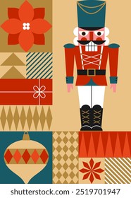 Christmas greeting card with nutcracker toy and geometric elements. Flat style. Template for winter holidays design. Vector illustration