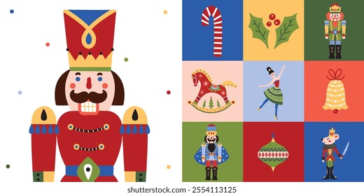 Christmas greeting card with nutcracker toy. Flat style. Templatet for winter holidays design. Vector illustration