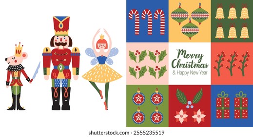 Christmas greeting card with nutcracker toy. Flat style. Templatet for winter holidays design. Vector illustration