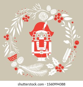 Christmas greeting card with nutcracker and wreath