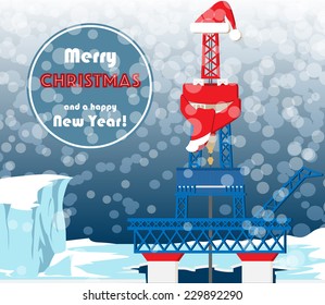 Christmas Greeting Card For Oil And Gas Industry Workers. Typical Oil Mining Platform With Drilling Tower Located On The Arctic Shelf. EPS10 Vector Illustration