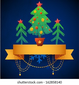 Christmas greeting card. Old paper with  golden ribbons and garland. Vintage Christmas card with tree and ornaments, Xmas card. Old Christmas postcard with Christmas-tree decorations. 