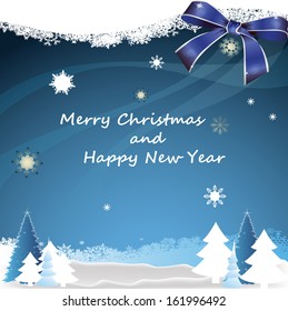 Christmas greeting card on the background of the winter forest