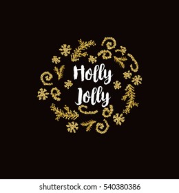 Christmas greeting card on black background with golden elements and text Holly Jolly