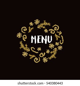 Christmas greeting card on black background with golden elements and text MENU