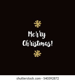 Christmas greeting card on black background with golden elements and text Merry Christmas