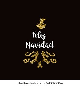 Christmas greeting card on black background with golden elements and text Feliz Navidad