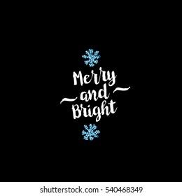 Christmas greeting card on black background with blue elements and text Merry and Bright