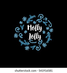 Christmas greeting card on black background with blue elements and text Holly Jolly