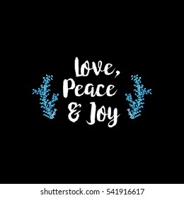 Christmas greeting card on black background with blue elements and text Love, Peace and Joy