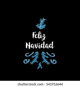 Christmas greeting card on black background with blue elements and text Feliz Navidad