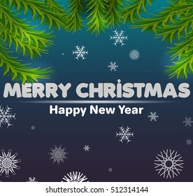 Christmas greeting card on blue background with snow and tree. Happy New Year message. Vector illustration.