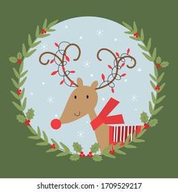 christmas greeting card on green background with reindeer and garland design