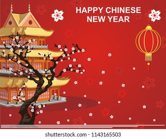 Christmas greeting card on red background. Chinese lanterns. Vector illustration