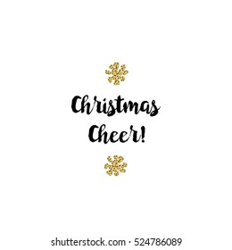 Christmas greeting card on white background with golden elements and text Christmas Cheer