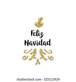 Christmas greeting card on white background with golden elements and text Feliz Navidad