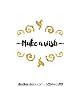 Christmas greeting card on white background with golden elements and text Make a wish
