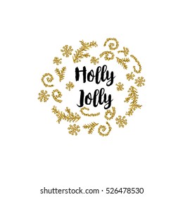 Christmas greeting card on white background with golden elements and text Holly Jolly