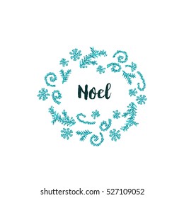 Christmas greeting card on white background with blue elements and text Noel