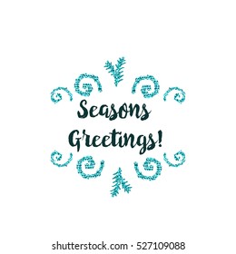 Christmas greeting card on white background with blue elements and text Seasons Greetings