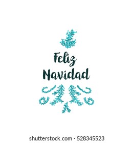 Christmas greeting card on white background with blue elements and text Feliz Navidad
