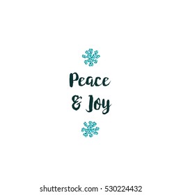 Christmas greeting card on white background with blue elements and text Peace and Joy