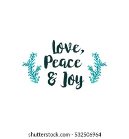 Christmas greeting card on white background with blue elements and text Love, Peace and Joy