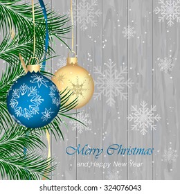 Christmas greeting card on a wooden texture. Christmas baubles, snowflakes and needles. Vector illustration.
