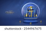 Christmas greeting card. Open gift box, golden showflake and shining ball, metallic spruce trees inside a snow globe. New Year background, Xmas Holiday poster, banner, flyer. 3D Vector illustration.