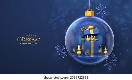 Tarjeta de felicitación de Navidad. Caja de regalo abierta, copo de luz dorado y bola brillante, abetos metálicos en una bola de vidrio. Antecedentes de Navidad de Año Nuevo, Afiche de Navidad, pancarta, volante. Ilustración vectorial 3D.