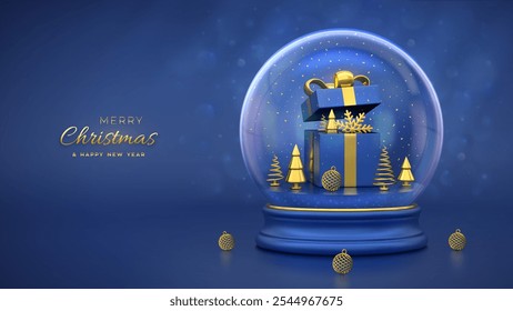 Christmas greeting card. Open gift box, golden showflake and shining ball, metallic spruce trees inside a snow globe. New Year background, Xmas Holiday poster, banner, flyer. 3D Vector illustration.