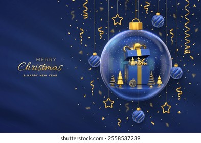 Christmas greeting card. Open gift box, gold showflake, metallic fir trees inside a transparent glass ball. Shining stars, confetti. New Year Xmas Holiday poster, banner, flyer. Vector illustration.