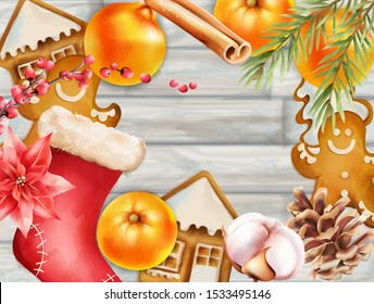 Christmas greeting card with oranges, gingerbread cookies, stocking, fir tree leaves, cinnamon sticks, and conifer cone. Wooden Background vector