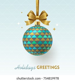 Christmas greeting card - ornate Christmas ball with glitter gold bow . Vector illustration.