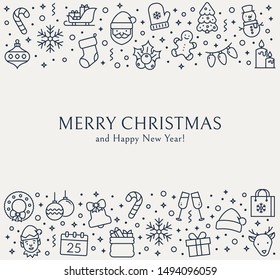 Christmas greeting card with outline icons. Merry Christmas and Happy New Year! Vector background with holiday symbols.