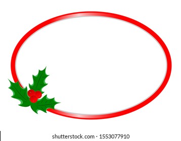 Christmas greeting card oval border template with Holly leaf with copy space for your text. Ellipse frame with holly leaves berries Christmas design element.