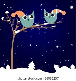 Christmas greeting card with owls couple